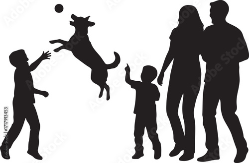 Solid black silhouette family with pet dog