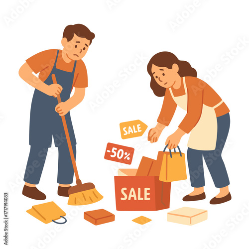 Flat vector illustration of tired store workers cleaning up after big sale. Concept of holiday shopping aftermath, Black Friday chaos, retail burnout and post-sale exhaustion