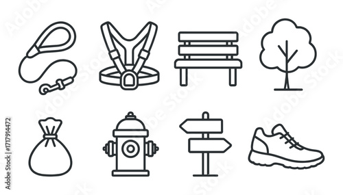 Simple icons of dog gear and park elements on dark background