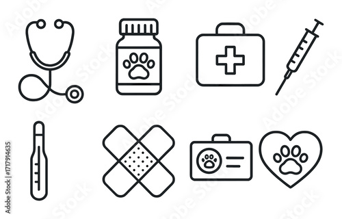 Animal healthcare icons: stethoscope, medicine, first aid kit, syringe, thermometer, bandage, vet id, heart
