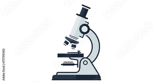 A modern scientific laboratory microscope with a white body and black accents isolated on a solid black background for research and discovery