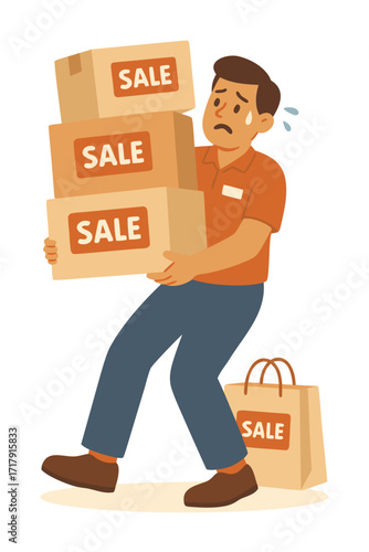 Flat vector illustration of tired store worker carrying heavy sale boxes. Concept of holiday shopping rush, Black Friday stress, retail burnout and overload of store employees