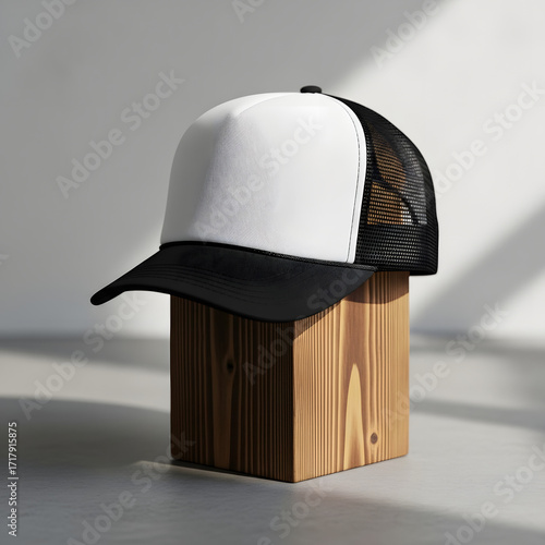 Trucker Hat Mockup with Wooden Stand