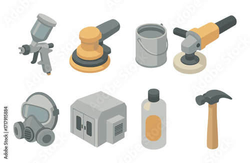 Collection of automotive repair tools and equipment in soft colors