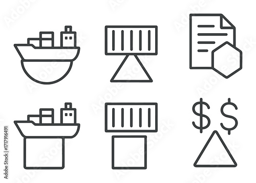 Monochrome minimalist icons of cargo ship, billboard, documents, and currency symbols