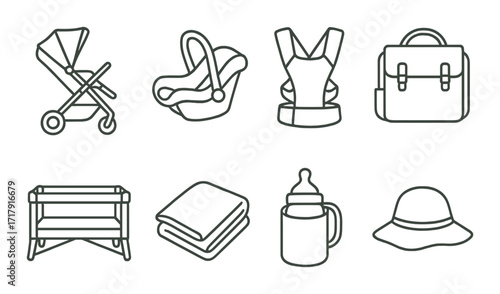 Baby essentials icons set: stroller, car seat, carrier, diaper bag, crib, blanket, bottle, hat