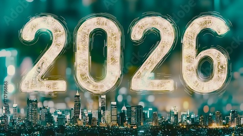 Floating glowing 2026 above futuristic city skyline photographed using DSLR, 35mm lens, sharp focus on illuminated digits with city lights below