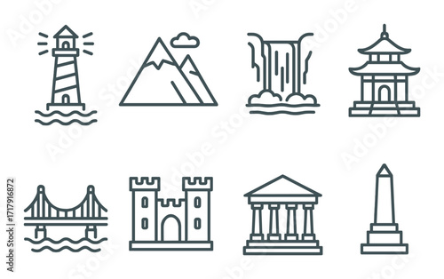 Collection of minimalist landmark icons featuring lighthouse, castle, and waterfall