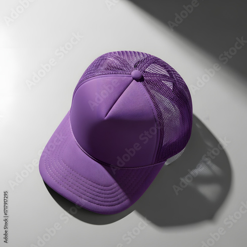 Purple Trucker Hat Mockup with Flat Lay Style
