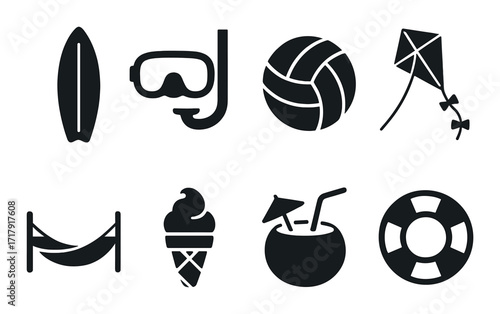 Silhouette icons of summer activities and beach essentials