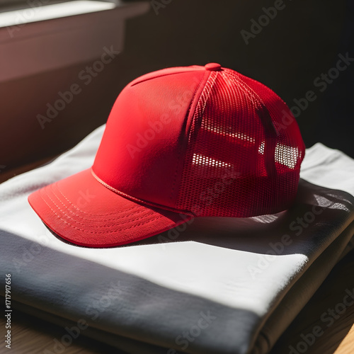 Red Trucker Hat Mockup on Fabric Surface