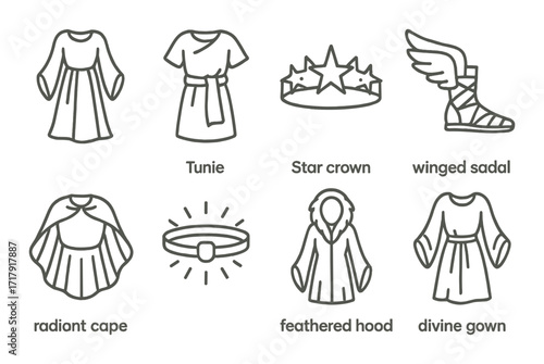 Ancient garments and accessories illustrations: tunic, crown, sandals, cape, hooded robe