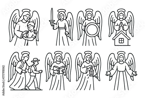 Angels with diverse roles and symbols in monochrome illustration