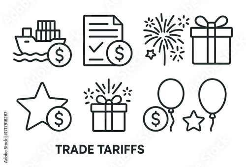 Icon set illustrating trade tariffs with cargo ship and celebratory elements