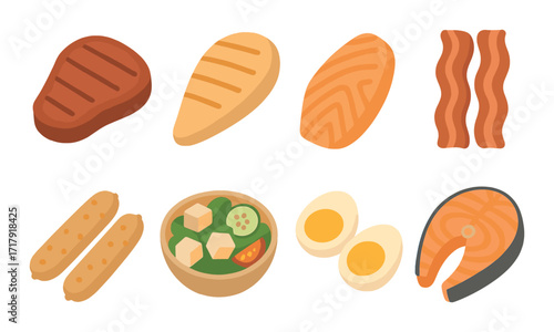 Assorted grilled meats and protein foods illustration with eggs and bowl
