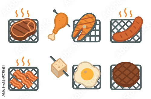 Various grilled foods illustration with steak, drumstick, fish, sausage, bacon, tofu, egg, and burger