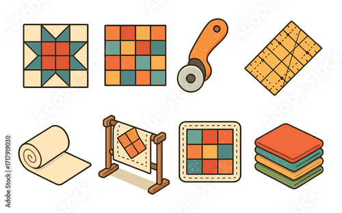 Colorful quilt pattern elements with patchwork and sewing tools