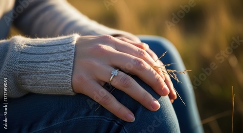 Close-up of female hand with flower ring on knee in sunlit field
