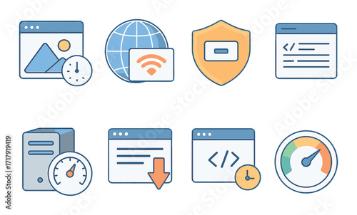Web performance and security icons set in soft tones