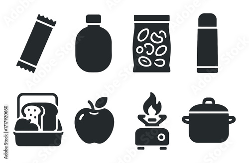 Camping essentials icons: snacks, bottle, thermos, burner, pot on dark background