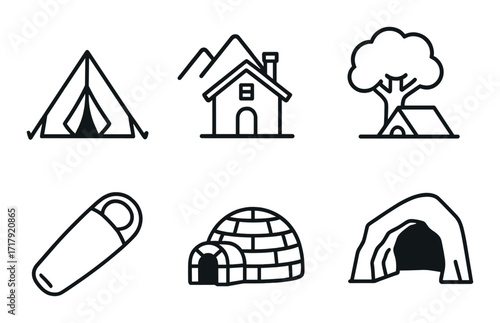 Camping and shelter icons: tent, cabin, tree, sleeping bag, igloo, cave