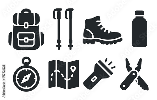 Essential hiking gear icons: backpack, poles, boot, bottle, compass, map, flashlight, multitool