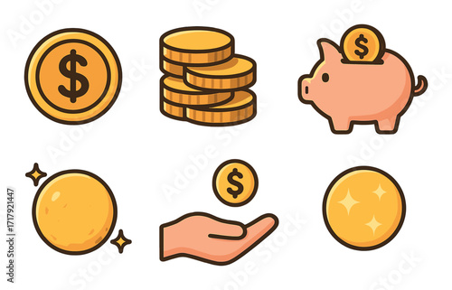 Cartoon coins piggy bank and hand with coin on brown background