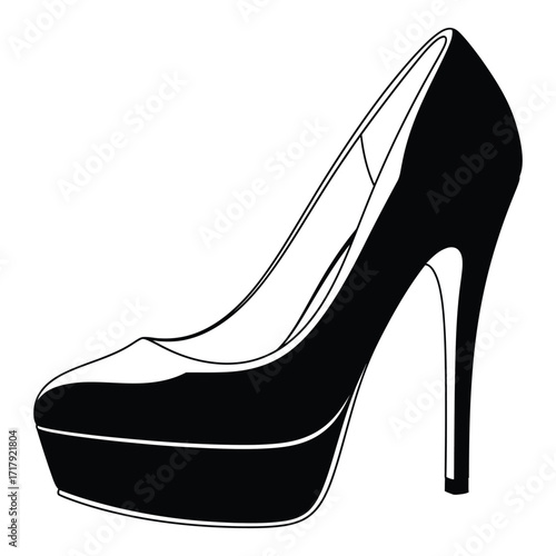 Elegant black stiletto high heel shoe with platform side view fashion footwear silhouette