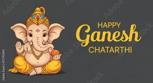 Adorable Cartoon Ganesha Sitting Pose Gold Crown Modak.