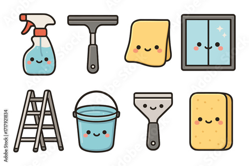Cute cartoon cleaning tools with smiling faces