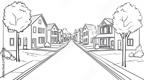Black and white suburban street view