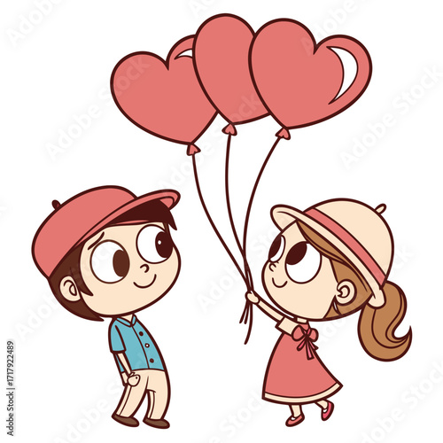 Cute cartoon boy and girl sharing heart shaped balloons on a white background