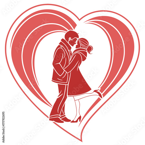 Romantic couple embracing and kissing inside a stylized heart shape illustration