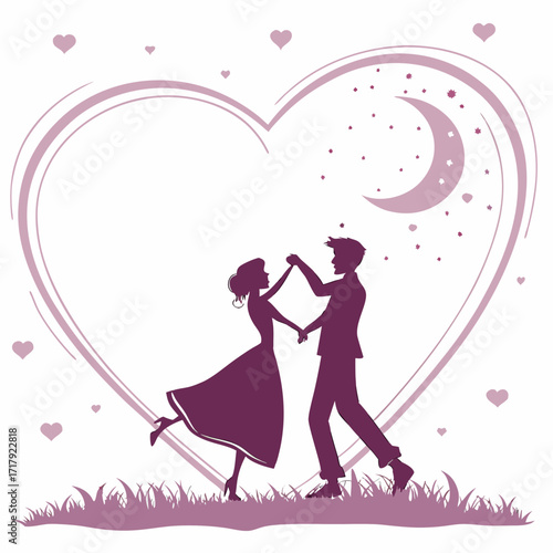Romantic silhouette couple dancing under crescent moon inside large heart shape with hearts and stars