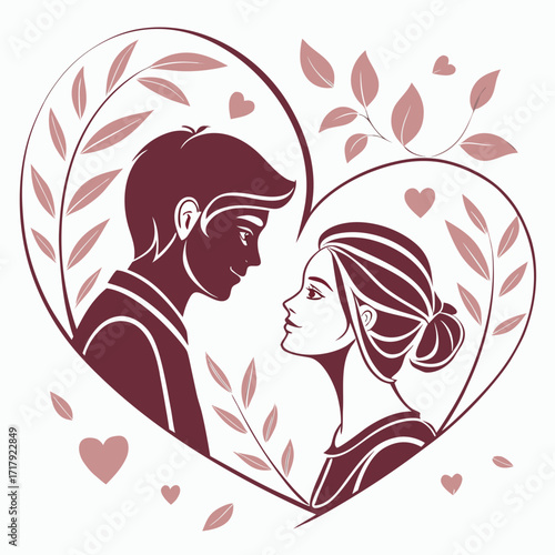 Romantic couple silhouettes gazing lovingly within a heart shaped floral frame
