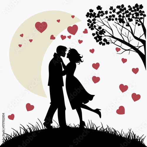 Romantic silhouette couple embracing under a crescent moon and heart showered tree