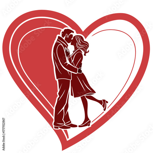 Romantic silhouette of a couple embracing and kissing inside a large red heart shape
