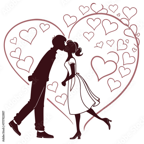 Romantic silhouette of a couple kissing surrounded by a large heart and many smaller hearts