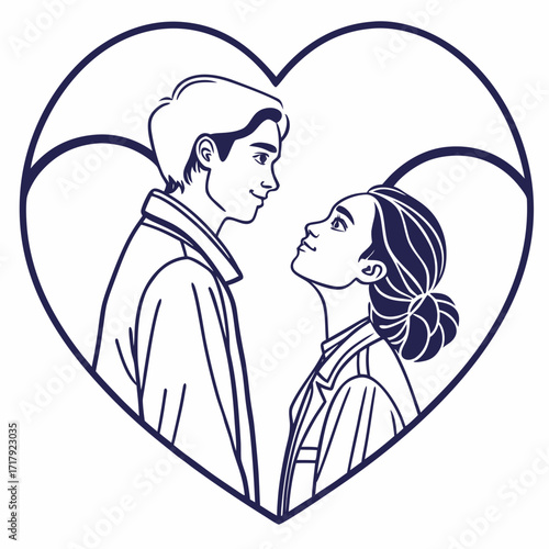 A loving couple gazes into each others eyes within a stylized heart shape outline