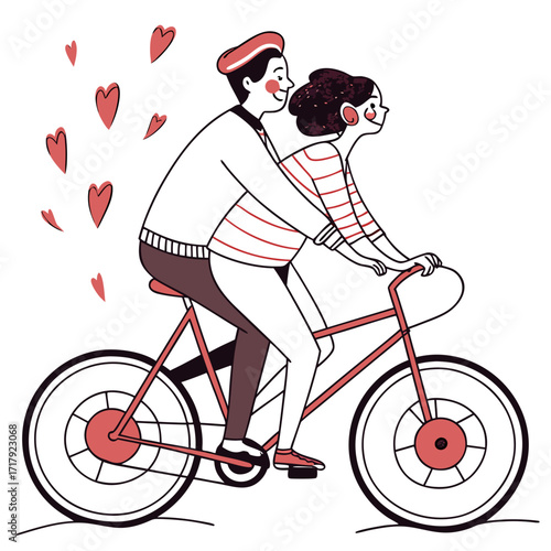 Couple riding a bicycle together with hearts floating around them representing love and romance