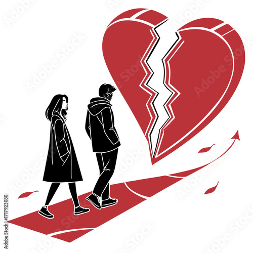 Couple walking away from a large broken red heart symbolizing relationship breakup and separation