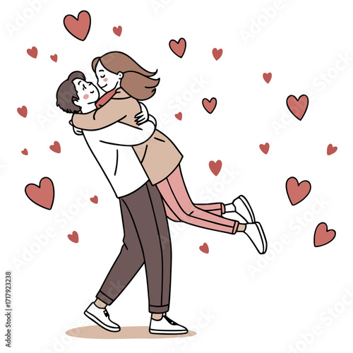Joyful couple embracing surrounded by floating red hearts in a romantic celebration of love and togetherness