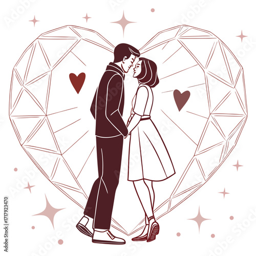 Romantic couple sharing an intimate moment against a large geometric heart shape with stars