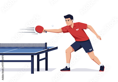 Man playing table tennis with a red racket and a white ball on a blue table.