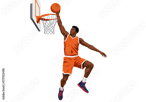 Basketball player dunking the ball in a game.