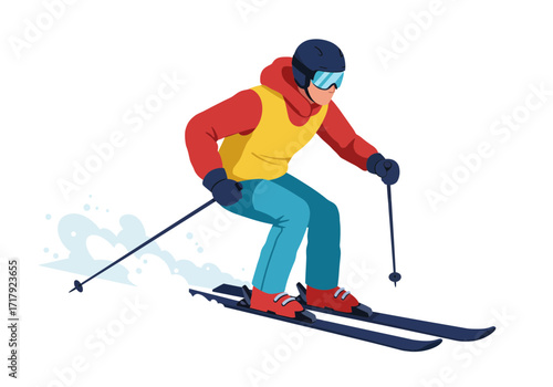 Man skiing down a snowy slope with ski poles and goggles.