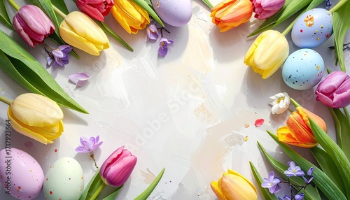Pastel Easter Tulips and Decorated Eggs in a Bright Festive Still Life Arrangement with Room for Text on Textured White Background