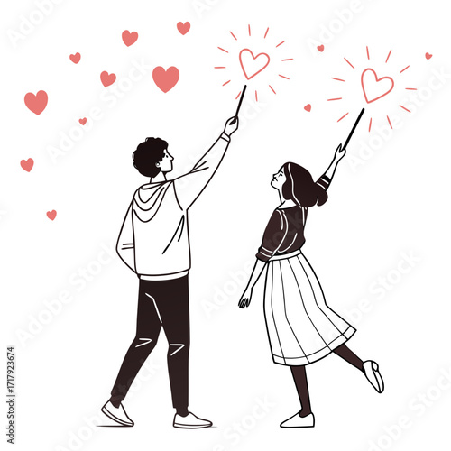 Young couple holding sparklers creating hearts in the air surrounded by floating hearts