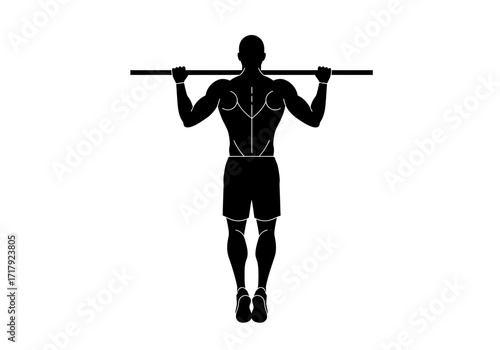 Black silhouette of a muscular man doing a pull-up exercise on a horizontal bar.
