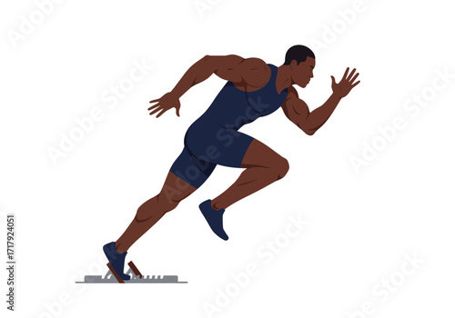 Athlete in motion sprinting from starting blocks focused on the race.